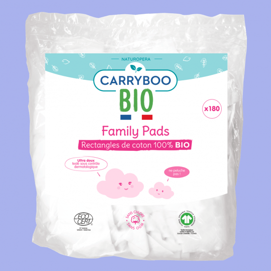 Carryboo Family Pads Lot de 3 Packs de 180 Pads Sans Chlore 100% Coton Bio Rectangles de Coton Bio Certifié Gots Fabriqué en France Fibre 100% Naturelle